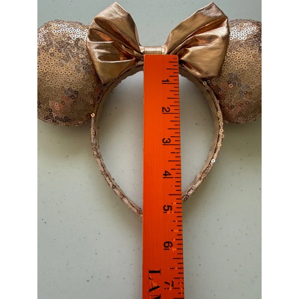 Disney Parks Minnie Mouse Rose Gold Sequin Ears Headband Metallic Bow Accessory